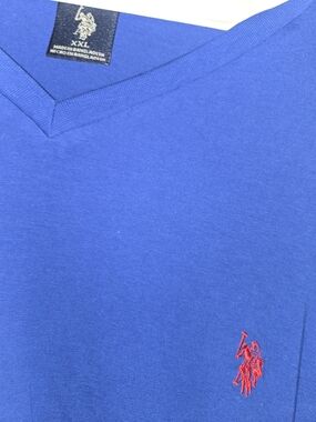 Polo-Style V-Neck Men's Shirt in Blue with Red Logo